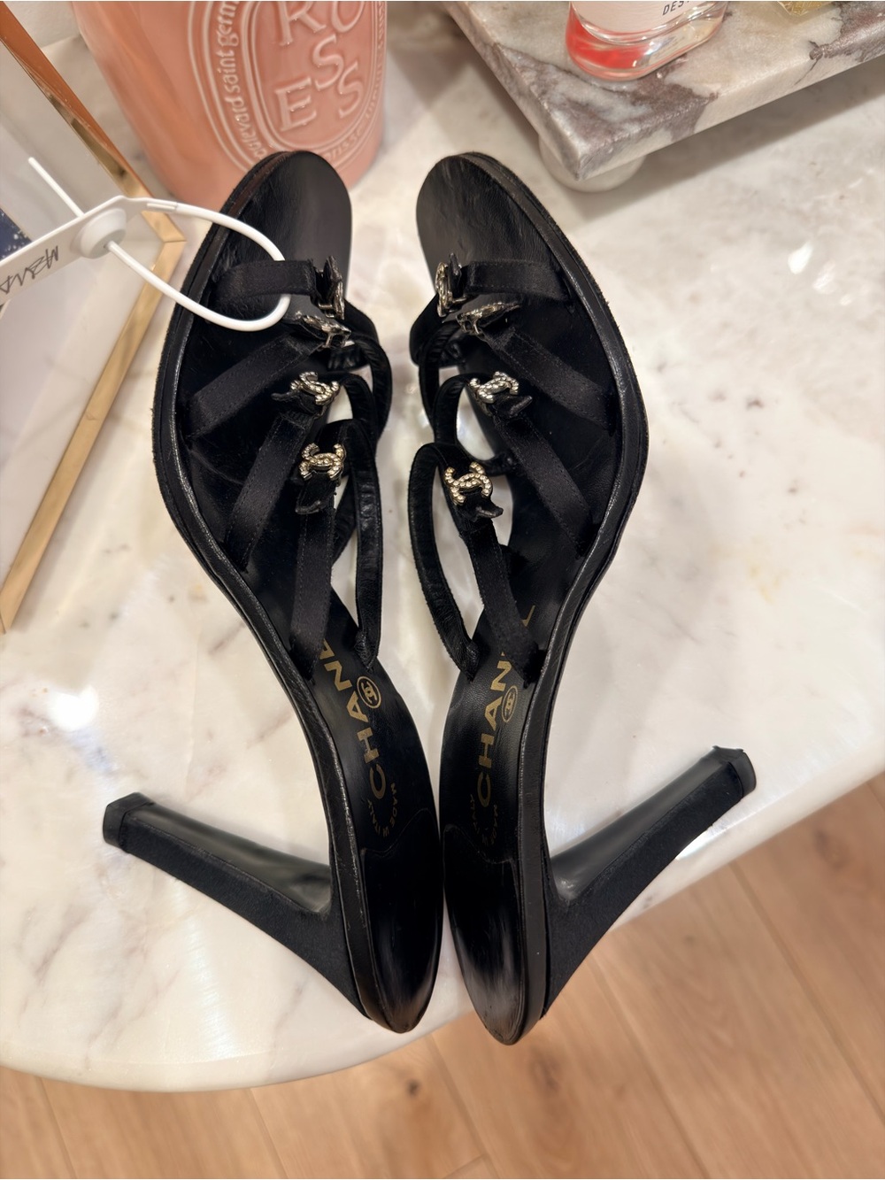 Vintage Chanel Black Satin Rhinestone CC Strap Slide Heels / Mules - Picture 7 of 7